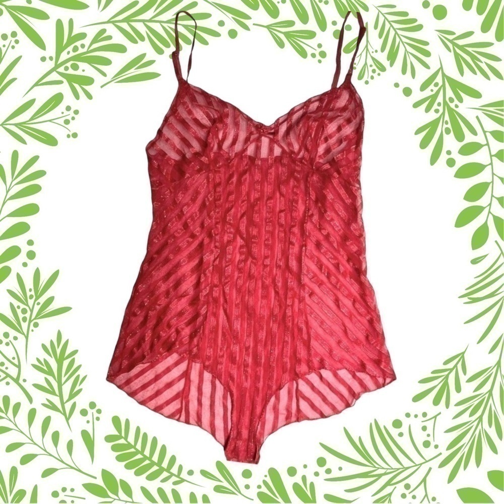 VTG 80s Red Gold Shimmer Sleeveless Sheer Bodysuit Teddy Negligee Women’s M